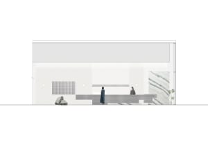 Hotel lobby with a counter, dining table, chairs, and a potted plant, creating a welcoming atmosphere for guests
