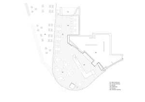 2D floor plan of a modern restaurant with multiple dining tables and chairs, showcasing a functional and organized layout