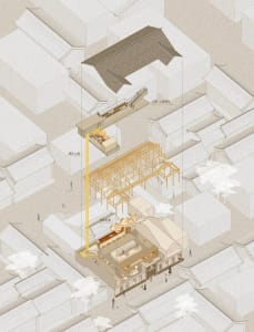 A traditional Chinese building under construction with a large crane, linework, and various elements being added to complete the structure