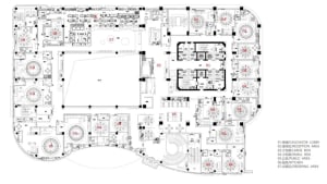Black and white floor plan of a modern hotel with clean lines, minimal decoration, and well-lit spaces
