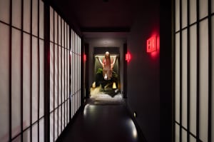 A dimly lit hallway in an Asian home features a woman in traditional clothing standing near a doorway, surrounded by a red accent wall, potted plants, and a decorative vase