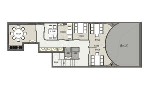 A 2D floor plan of a commercial office space with multiple rooms, including a dining area, kitchen, and offices, featuring white walls and a clean modern design