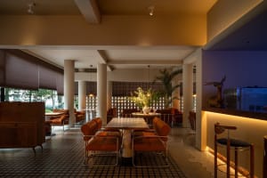 A restaurant interior with mixed seating, potted plants, and an inviting atmosphere