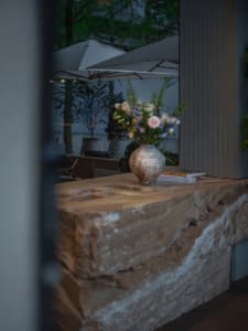 Cozy living area with a stone countertop, chairs, potted plants, and a vase of flowers, creating a warm and inviting atmosphere