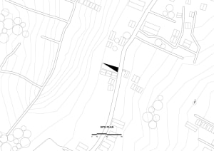 2D schematic diagram of a traditional rural house with simple lines and shapes, showing room layout and construction details