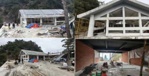 Construction site with modern building under construction, featuring concrete, steel, and glass, with workers present, capturing daylight conditions