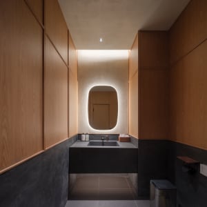 A well-lit bathroom with two sinks and a mirror, featuring a clean and organized atmosphere