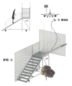 Staircase with metal railings and modern design, set against a neutral background