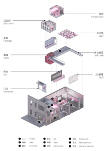 Gray and pink floor plan with various rooms, including a bathroom and hallway, labeled with measurements and symbols