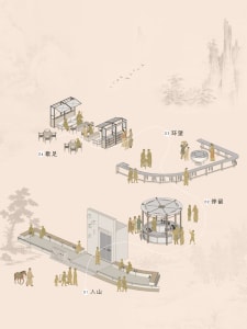 A mixed-use building with a combination of indoor and outdoor spaces, featuring a dining table and chairs, benches, and people walking around