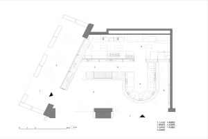 2D floor plan of a modern hotel with clear lines, minimal decor, and well-lit spaces