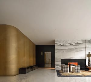 Sophisticated living space with a checkered rug, black and gold walls, two couches, chairs, and a fireplace