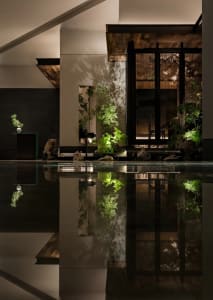 A cozy indoor space with potted plants and a glass door leading to a patio, featuring a chair for relaxation and a view of the outdoors