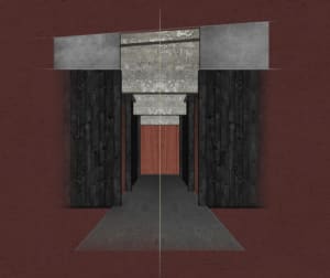 A rendered hallway with a wooden floor and a door at one end, set against a neutral background