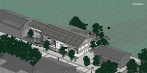 Modern building with a metal roof, solar panels, and a surrounding landscape with trees, with people in the scene