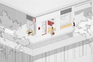 A modern building with a white exterior, featuring a balcony with two people and a woman walking, set against a clear sky