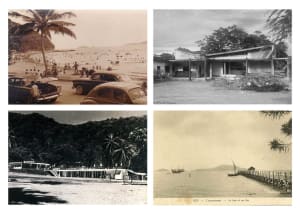 A beach resort with people enjoying the beach, an old car, and a boat in the background, set in a relaxed and leisurely atmosphere