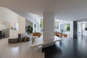 Open living area with a large white wall, seating options, potted plants, and a contemporary design