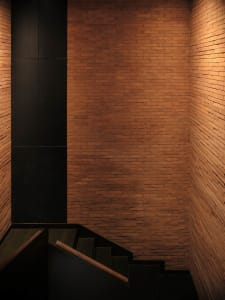 Empty hallway with wooden walls and steps leading upwards, creating a warm and inviting atmosphere