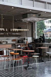 A kitchen with a large window, chairs, dining tables, potted plants, and kitchenware, set in a well-equipped space