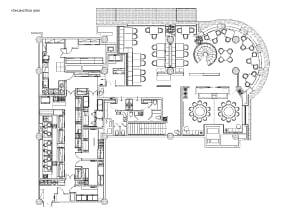 2D floor plan of a modern restaurant with clean lines, minimalistic elements, and various rooms including dining areas and kitchens