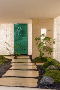 A well-designed hallway with a green wall, potted plants, and a bench, creating a welcoming interior space
