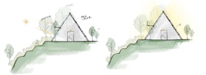 A small wooden house with a triangular roof, situated on a hillside, exuding a cozy and inviting atmosphere