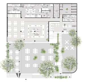 A spacious parking garage lobby with seating areas, dining tables, and a mix of chairs and benches, set against a neutral background