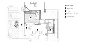 2D floor plan of a modern home with various rooms, furniture placement, and room dimensions