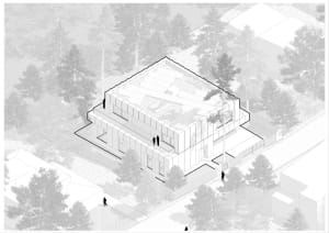 A modern house in a wooded area with a large glass window, surrounded by nature and three people walking outside