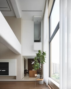 Open living area with white walls, large windows, and natural light, featuring a dining table, chairs, and potted plants