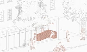 A busy urban street scene with a brick building facade, a bench, and pedestrians walking and riding a bicycle