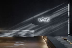 Modern interior design with concrete walls, a black stone countertop, and a large wall-mounted sign reading Le Tao