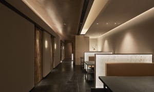 Spacious restaurant interior with modern design, well-lit and functional dining area with rows of tables and chairs