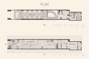 2D floor plan of a modern hotel with various rooms and spaces, including a lobby, dining area, and living room, presented in top and side views