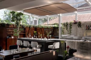 Elegant dining space with a large bar, multiple chairs, wine glasses, cups, and vases, creating a sophisticated atmosphere for socializing and enjoying drinks