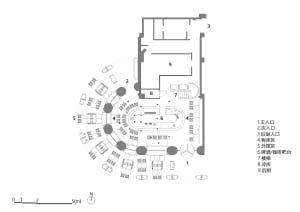 2D floor plan of a modern hotel with a lobby and dining hall, featuring room numbers, dimensions, and furniture placements