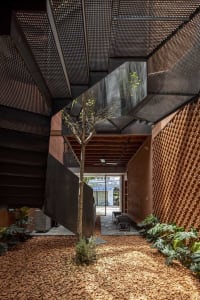 A modern home with a staircase leading to another level, featuring chairs and a potted plant, creating a well-designed living space