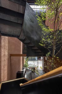 Indoor staircase with wooden steps, plants, and motorcycles nearby, set in a modern home with a neutral color palette