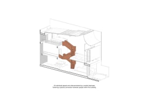 A modern interior with a central staircase connecting multiple rooms, featuring wooden stairs and clean lines