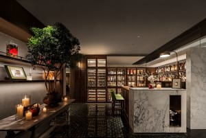 Elegant bar area with a marble countertop, comfortable seating, and upscale ambiance