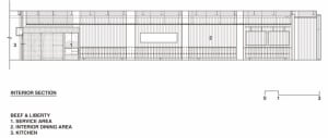 Large open space with concrete walls, labeled rooms, and a modern industrial feel