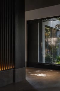 Dimly lit interior space with a black doorway, window with blinds, and potted plants on either side
