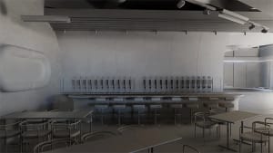 Empty restaurant with a long counter and numerous chairs, clean and well-organized atmosphere