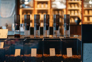 A modern coffee shop with a counter featuring glass containers showcasing coffee brewing machines and multiple cups for serving beverages
