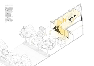 Busy office space with concrete walls and floors, featuring multiple rooms and hallways with people walking and conversing