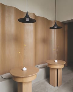 A cozy room with two wooden tables, vases, and potted plants, surrounded by wooden walls, creating a warm and inviting atmosphere