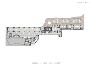2D floor plan of a modern hotel with various rooms and spaces, including a lobby and dining hall, with a focus on functionality and guest convenience