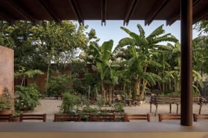 A patio area with wooden benches and chairs, designed for relaxation and socializing, with a comfortable and inviting atmosphere