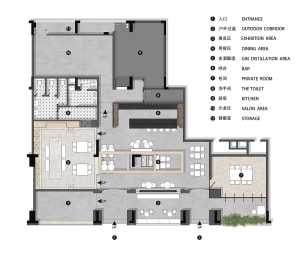 2D floor plan of a hotel with various rooms, including a dining area, bar, kitchen, and private rooms, with a focus on layout and design
